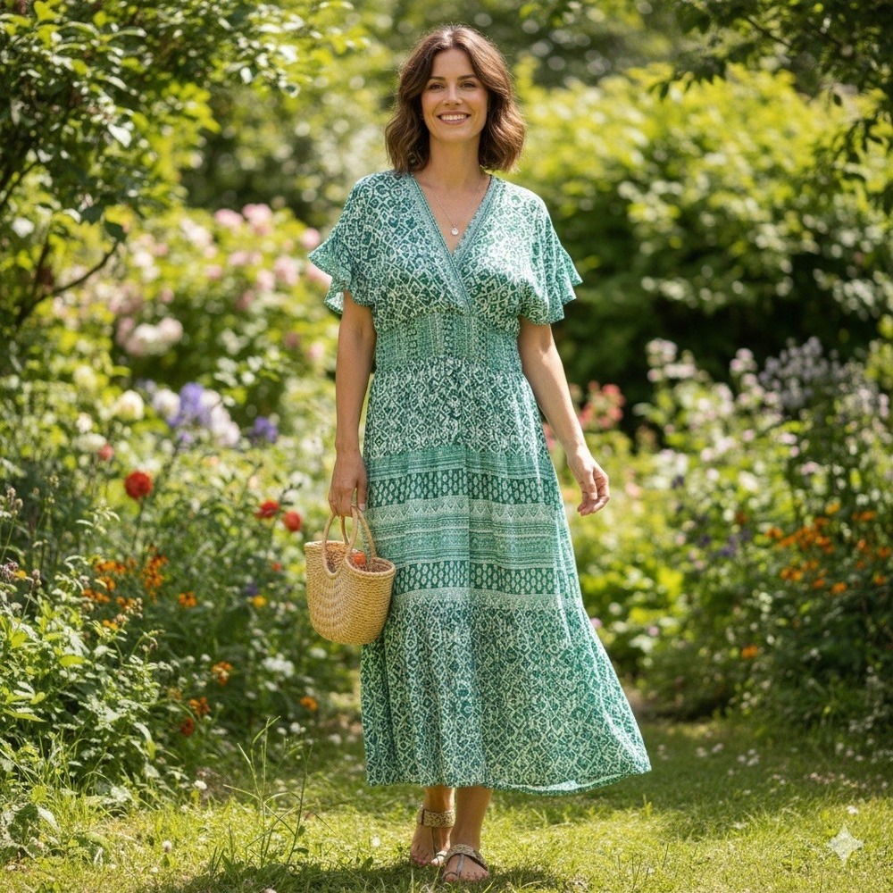 Green Printed V‑Neck Midi Dress